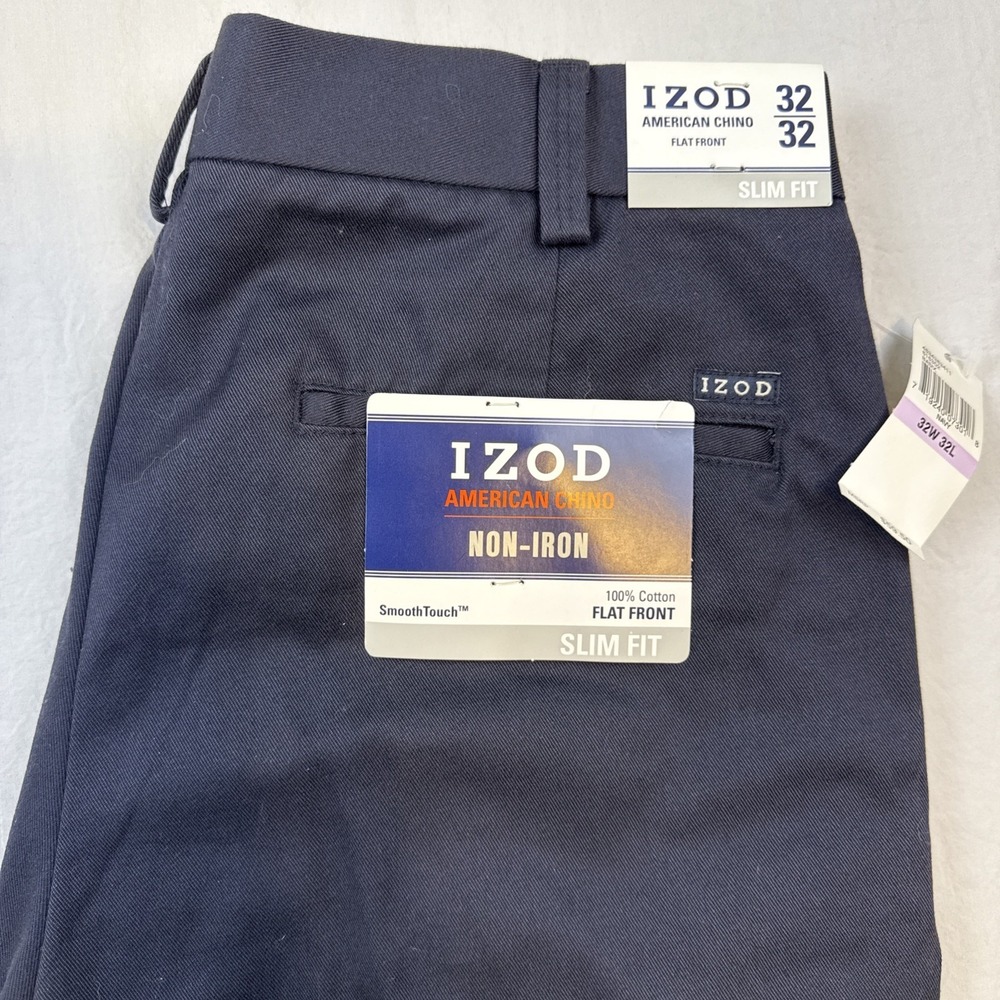 IZOD Chino Slim Fit Non-Iron 32x32 Flat Front Straight Blue Men's nwt